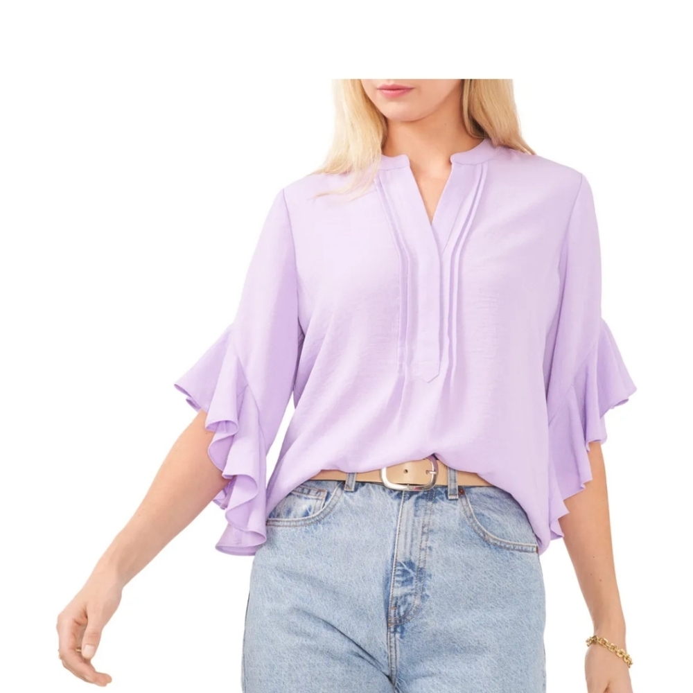 Vince Camuto Lavender ruffle sleeve Blouse Top split neck Pintuck size Large